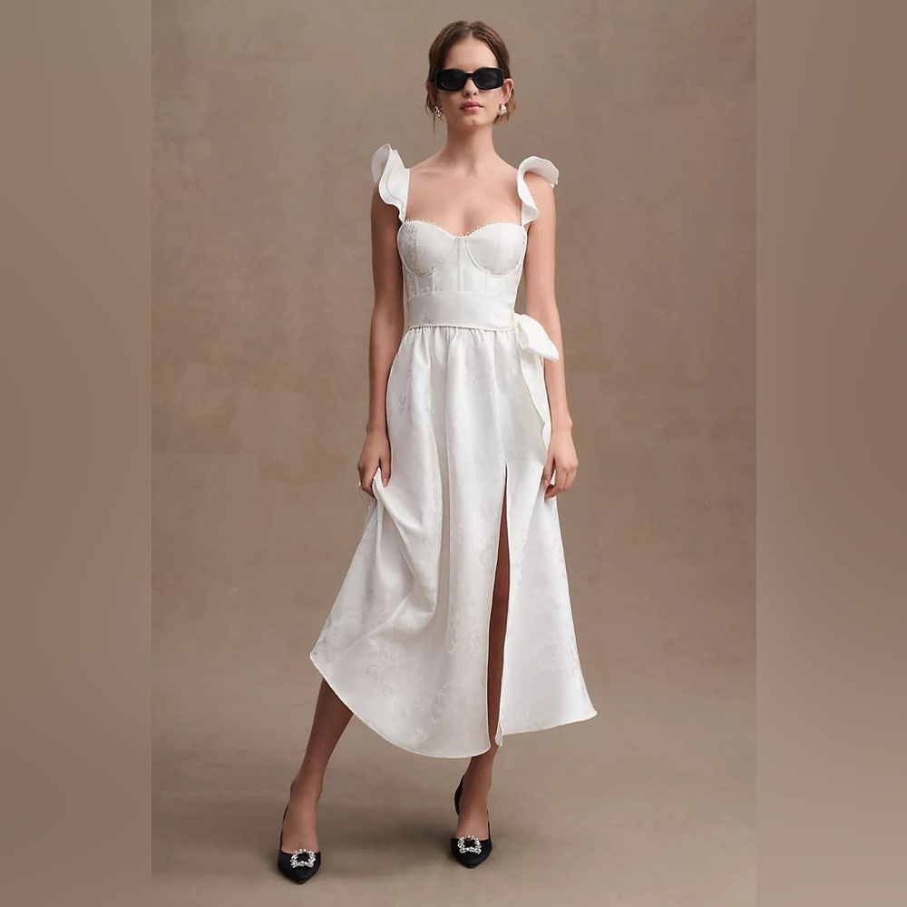 V. Chapman Vera Satin Ruffled-Sleeve Bustier Midi Dress